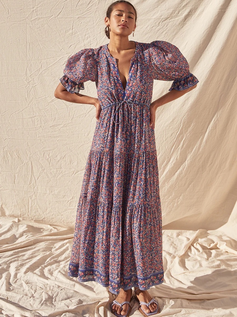 SAYLOR Blue Multi Floral Puff-Sleeve Maxi Dress Size L 90% Viscose